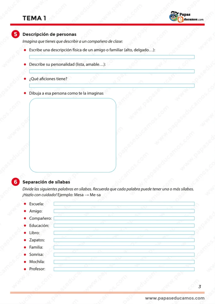 Página 3 con ejercicios para describir personas, practicar la expresión escrita y realizar separación de sílabas en palabras escolares.