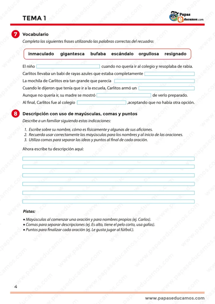 Página 4 con actividades de vocabulario contextual y redacción con uso de mayúsculas, comas y puntos. Incluye frases con palabras clave del cuento.