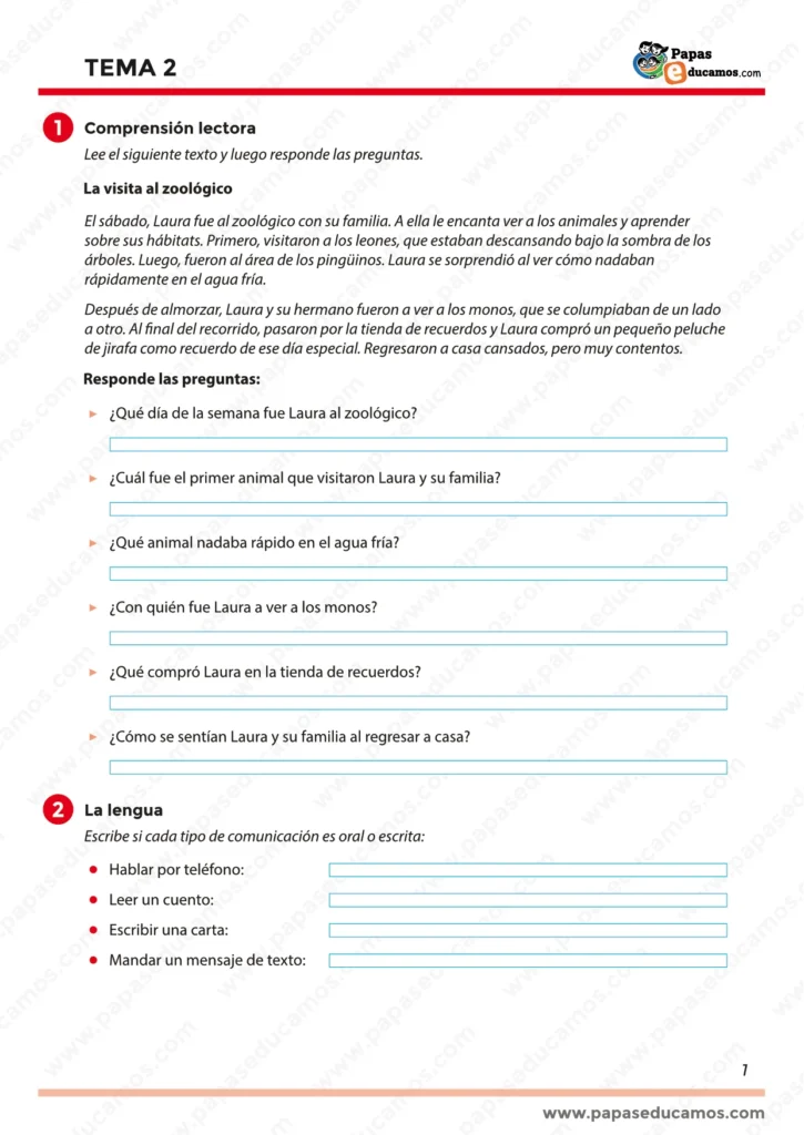 Página 1 del Tema 2 de lengua para Segundo de Primaria. Contiene una lectura sobre una visita al zoológico y ejercicios de comprensión lectora y tipos de comunicación.