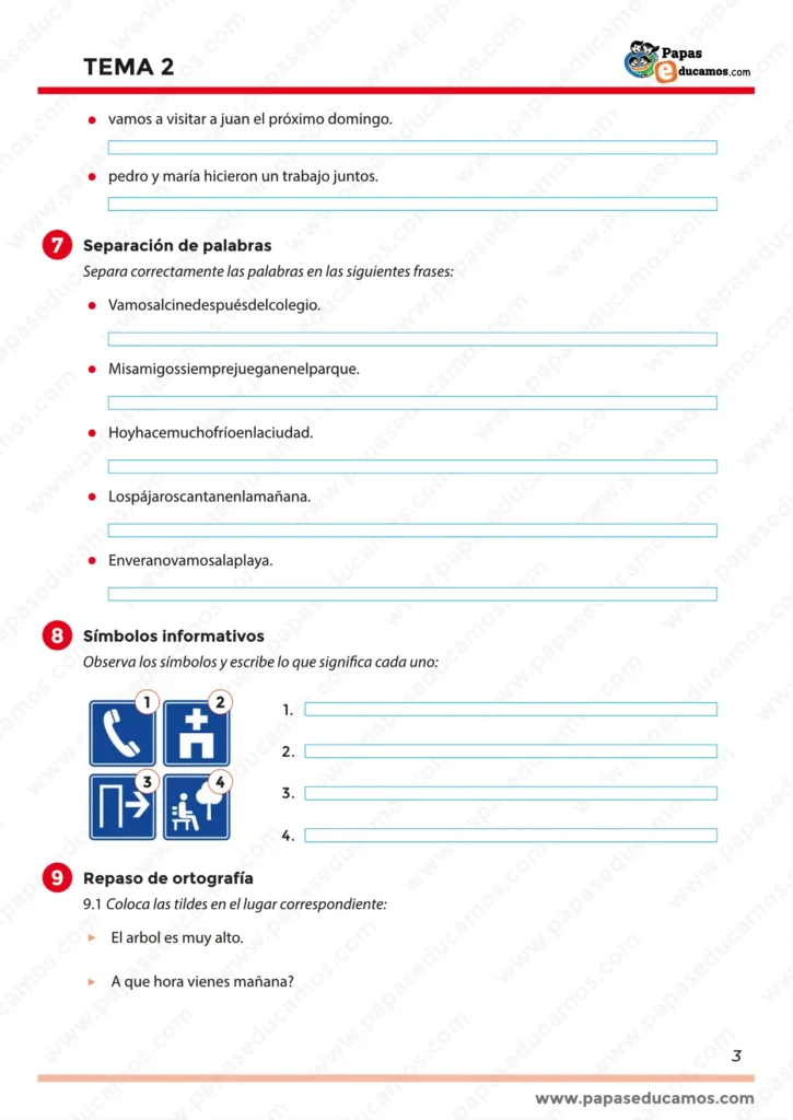 Página 3 del Tema 2 de lengua para Segundo de Primaria. Ejercicios de separación de palabras, reconocimiento de símbolos informativos y práctica de tildes.