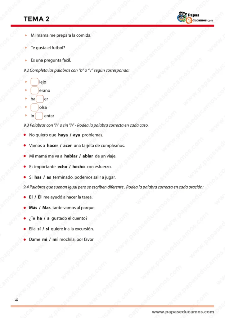 Página 4 del Tema 2 de lengua para Segundo de Primaria. Incluye ejercicios con palabras con 'b' y 'v', uso de la 'h', y palabras homófonas como 'él/el' o 'sí/si'.
