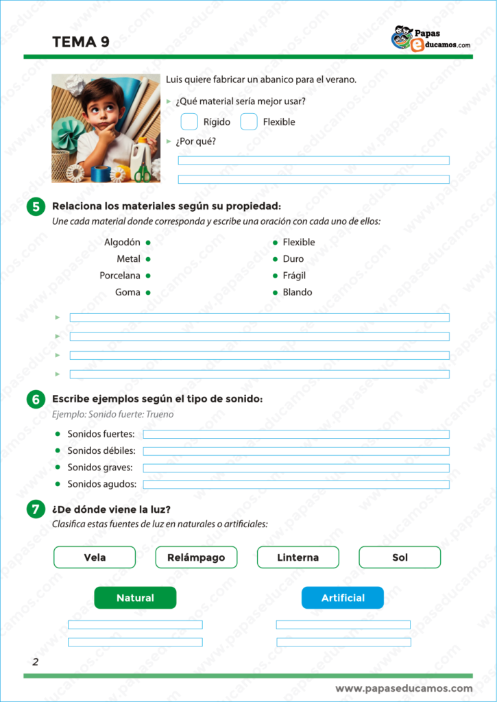 Niño pensando en fabricar un abanico. Ejercicios sobre materiales rígidos y flexibles, ejemplos de sonidos y clasificación de fuentes de luz como naturales o artificiales.