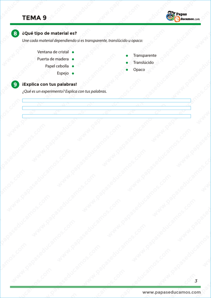 Actividades para clasificar materiales como transparentes, translúcidos u opacos. Explicación en palabras propias sobre qué es un experimento.