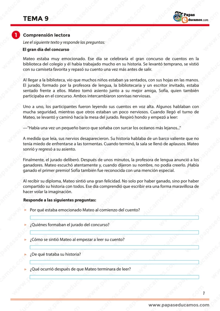 Texto narrativo sobre un concurso de cuentos y preguntas de comprensión lectora. Actividad para desarrollar la lectura comprensiva en niños de 2.º de Primaria.