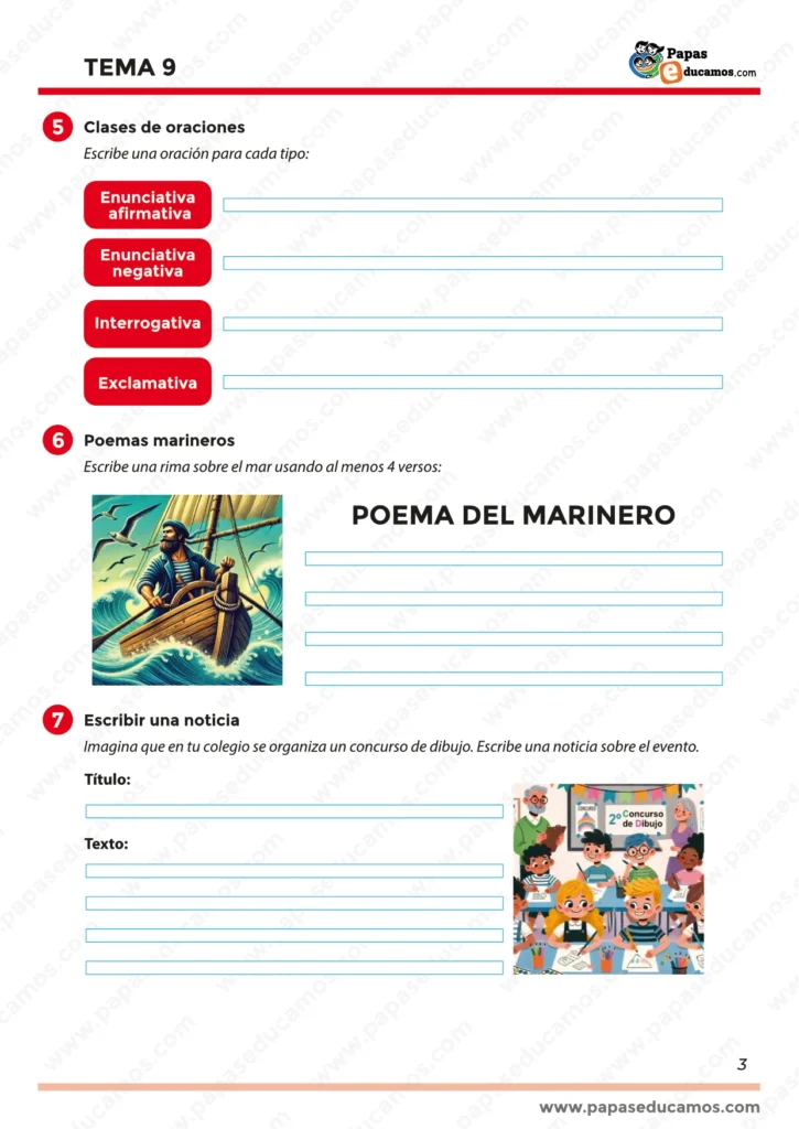 Actividades de lengua: tipos de oraciones, escritura de un poema del marinero y redacción de una noticia escolar con ilustraciones.