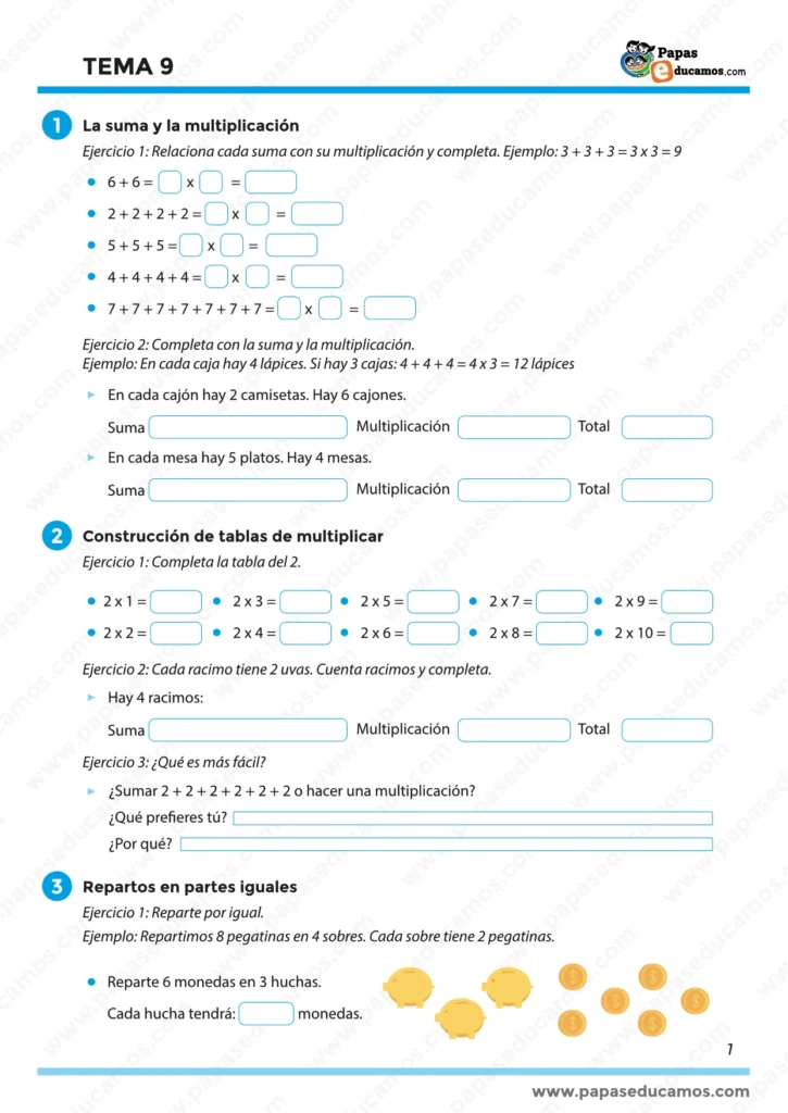 Fichas de matemáticas sobre suma repetida, multiplicación y tablas del 2 para niños de Segundo de Primaria. Incluye ejercicios visuales y situaciones cotidianas.