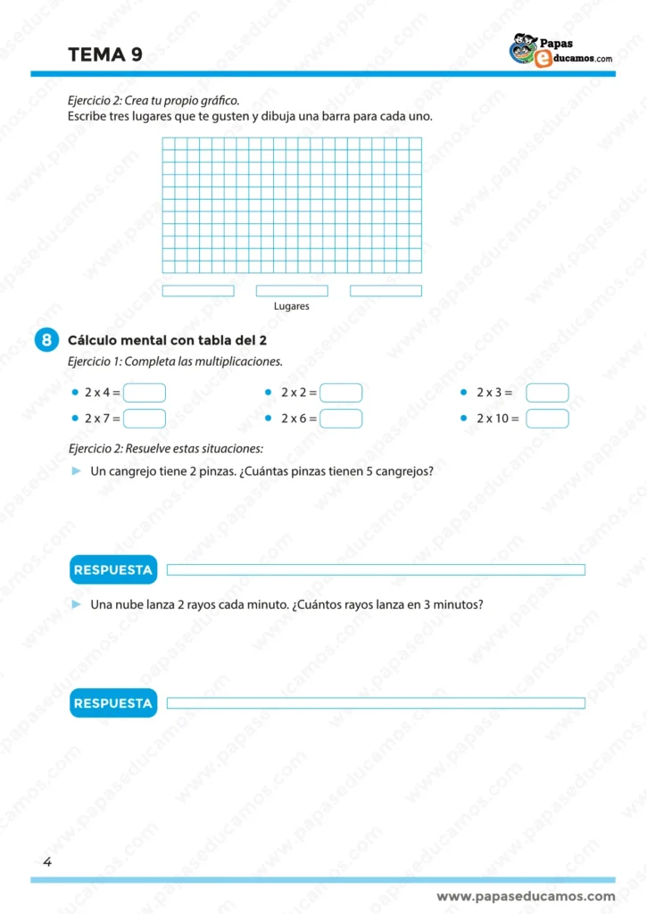 Ejercicios de cálculo mental con la tabla del 2. Problemas matemáticos con rayos, pinzas de cangrejos y multiplicaciones sencillas para niños de 2.º de Primaria.