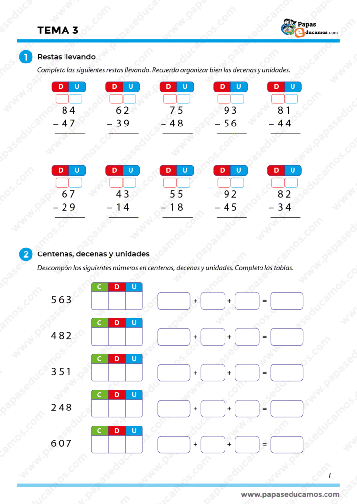 Actividades de restas llevando con apoyo visual en decenas y unidades, y ejercicios para descomponer números de tres cifras en centenas, decenas y unidades. Ideales para reforzar el cálculo y el valor posicional.
