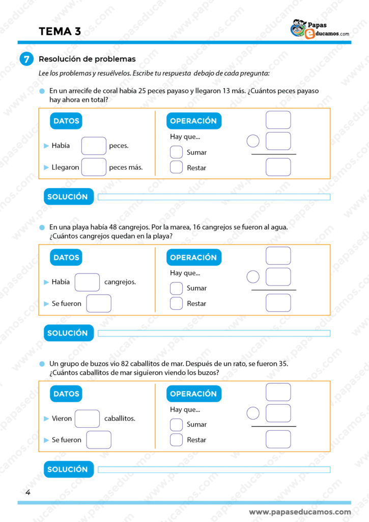 Problemas matemáticos contextualizados: sumas y restas con peces, cangrejos y caballitos de mar. Ejercicios con estructuras claras que ayudan al alumno a identificar los datos, la operación y la solución.