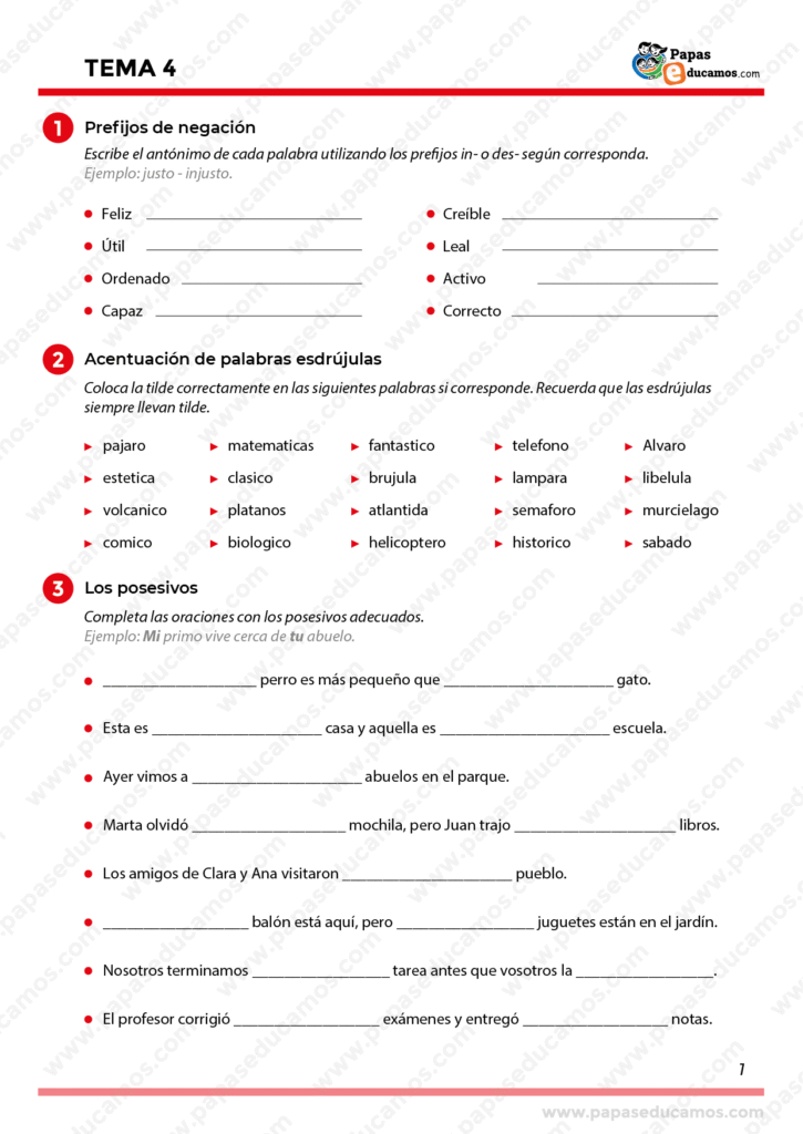 Ejercicios de prefijos de negación, acentuación de palabras esdrújulas y uso de posesivos.