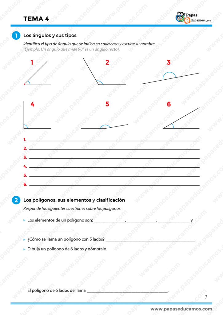 "Ejercicios de matemáticas cuarto de primaria: tipos de ángulos y elementos de los polígonos."