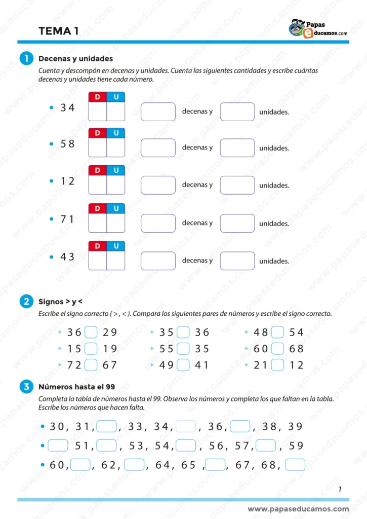 Ejercicios para descomponer números en decenas y unidades, comparar cantidades usando los signos mayor y menor, y completar series numéricas del 30 al 69. Actividades visuales diseñadas para afianzar la comprensión del sistema decimal.