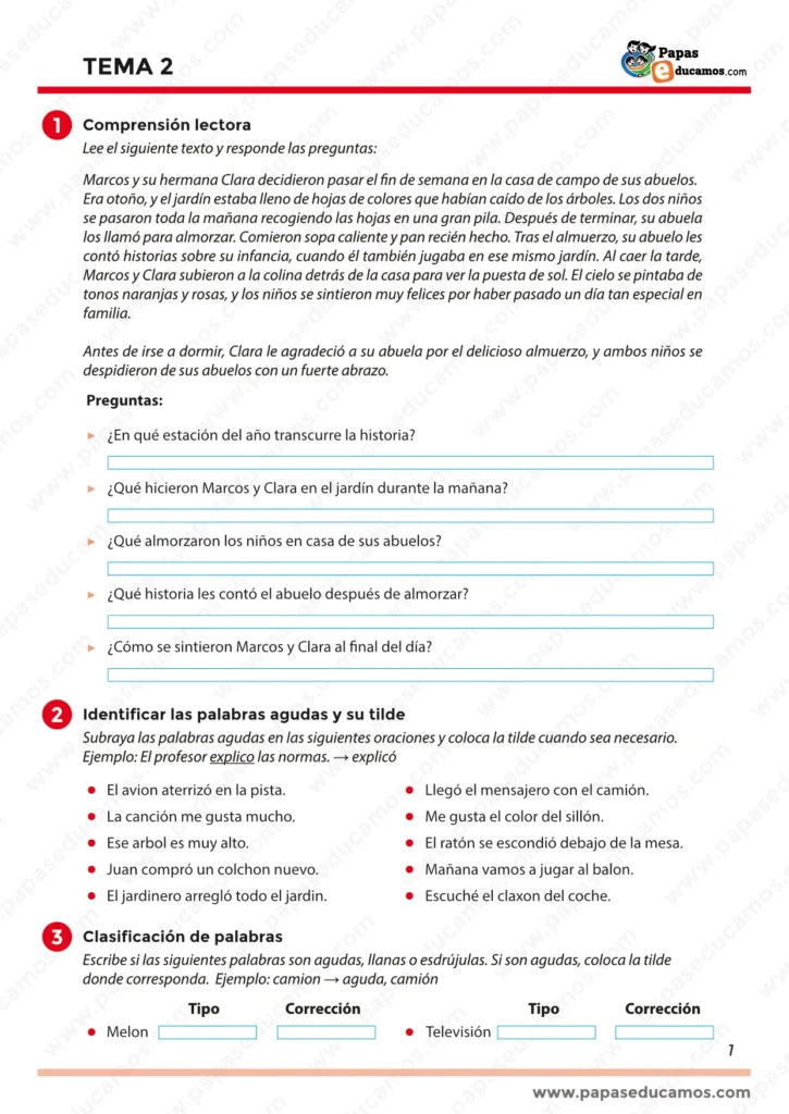 Actividades de comprensión lectora sobre un texto narrativo y ejercicios para identificar palabras agudas y colocar la tilde.