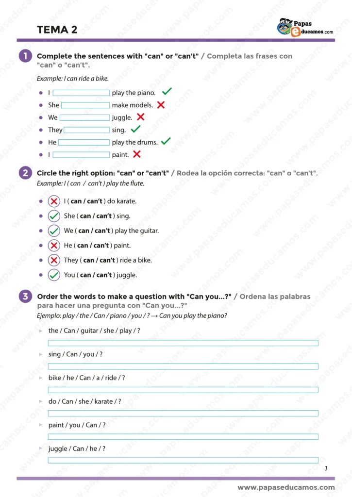 Página 1-Tema 2-ingles-segundo-primaria Actividades para completar frases y elegir entre "can" y "can’t", además de ejercicios para formar preguntas con "Can you…?" mediante ordenación de palabras.