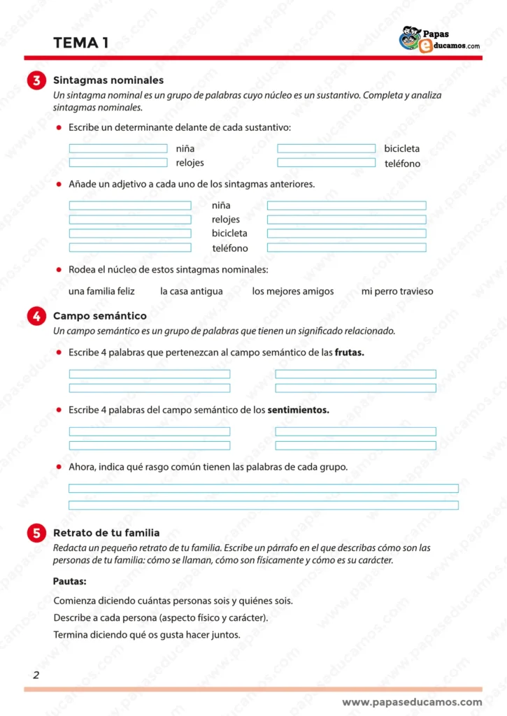 Ficha con ejercicios sobre sintagmas nominales, campos semánticos y redacción guiada sobre la familia.