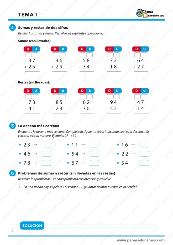 Sumas y restas de dos cifras, algunas con llevadas, junto con ejercicios de redondeo a la decena más cercana. Incluye problemas matemáticos básicos para aplicar las operaciones en situaciones cotidianas.