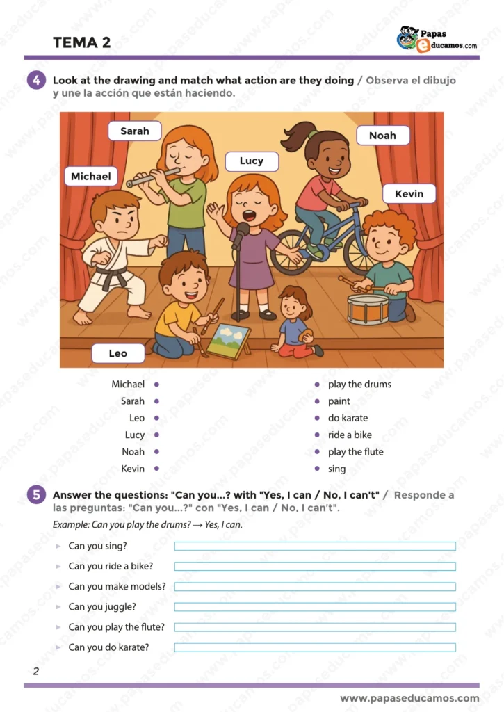 Página 2-Tema 2-ingles-segundo-primaria Ilustración con personajes realizando acciones y ejercicios para relacionar nombres con habilidades. También incluye preguntas personales con respuestas afirmativas o negativas usando "can".