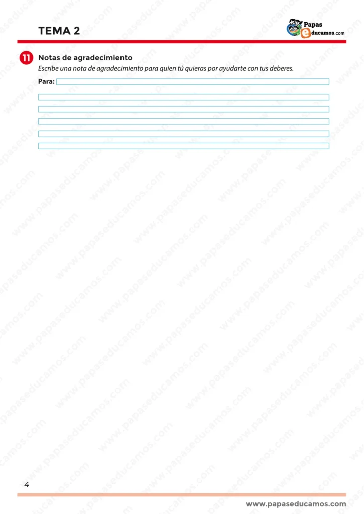 Actividad final de escritura: nota de agradecimiento breve para practicar expresión escrita personal.