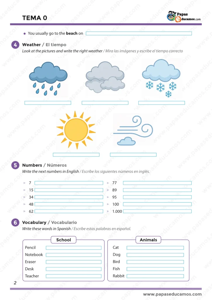 "Ficha de inglés con actividades de vocabulario sobre el tiempo atmosférico (weather), práctica de números en inglés hasta el 1000 y repaso de palabras escolares y de animales."