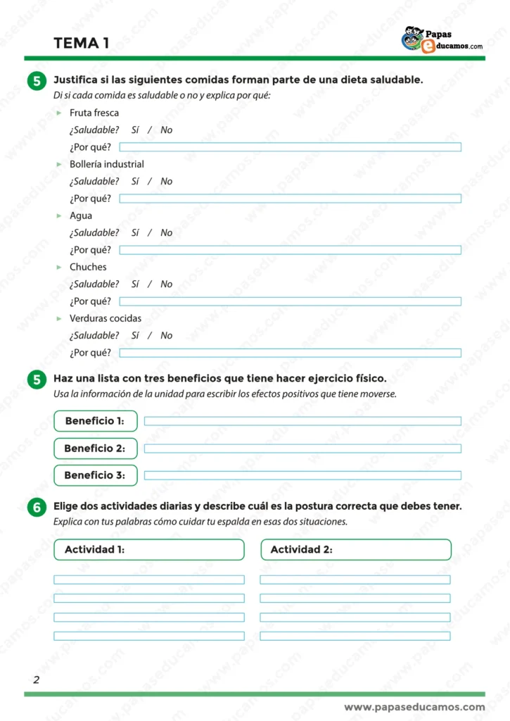 Fichas de Conocimiento del Medio cuarto de primaria: dieta saludable, beneficios del ejercicio y posturas correctas."
