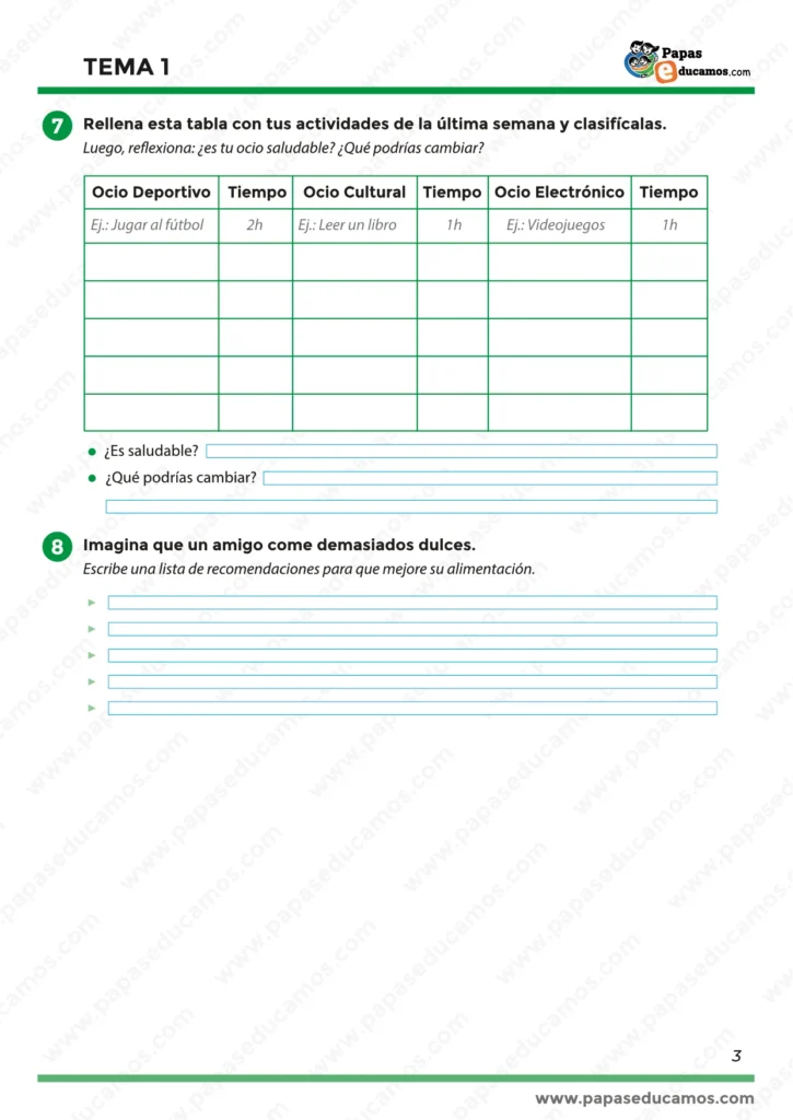 "Ejercicios de Conocimiento del Medio cuarto de primaria: organización del ocio y recomendaciones para una alimentación equilibrada."