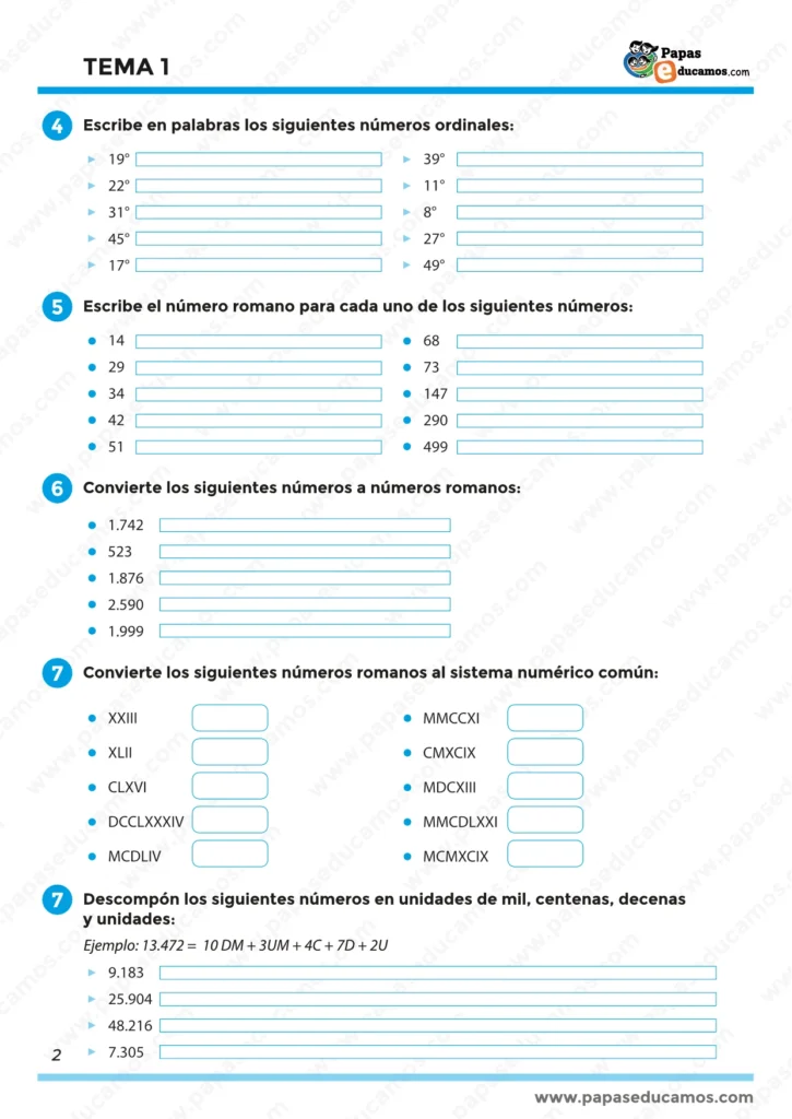 "Fichas de matemáticas cuarto de primaria: ejercicios de números ordinales y números romanos."