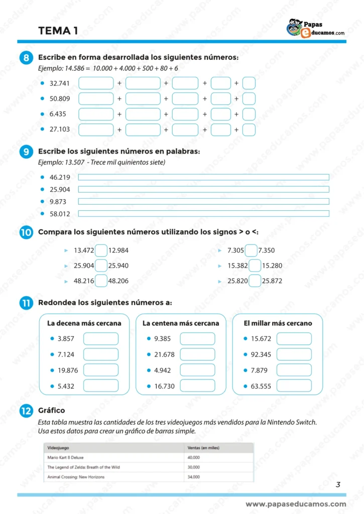 "Ejercicios de descomposición numérica, escritura de números en palabras y redondeo para cuarto de primaria."