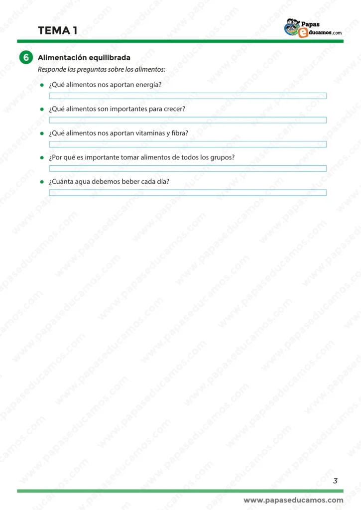 📄 Página 3

Preguntas sobre la alimentación equilibrada, enfocadas en los grupos de alimentos, su función en el cuerpo y la cantidad de agua recomendada diariamente.