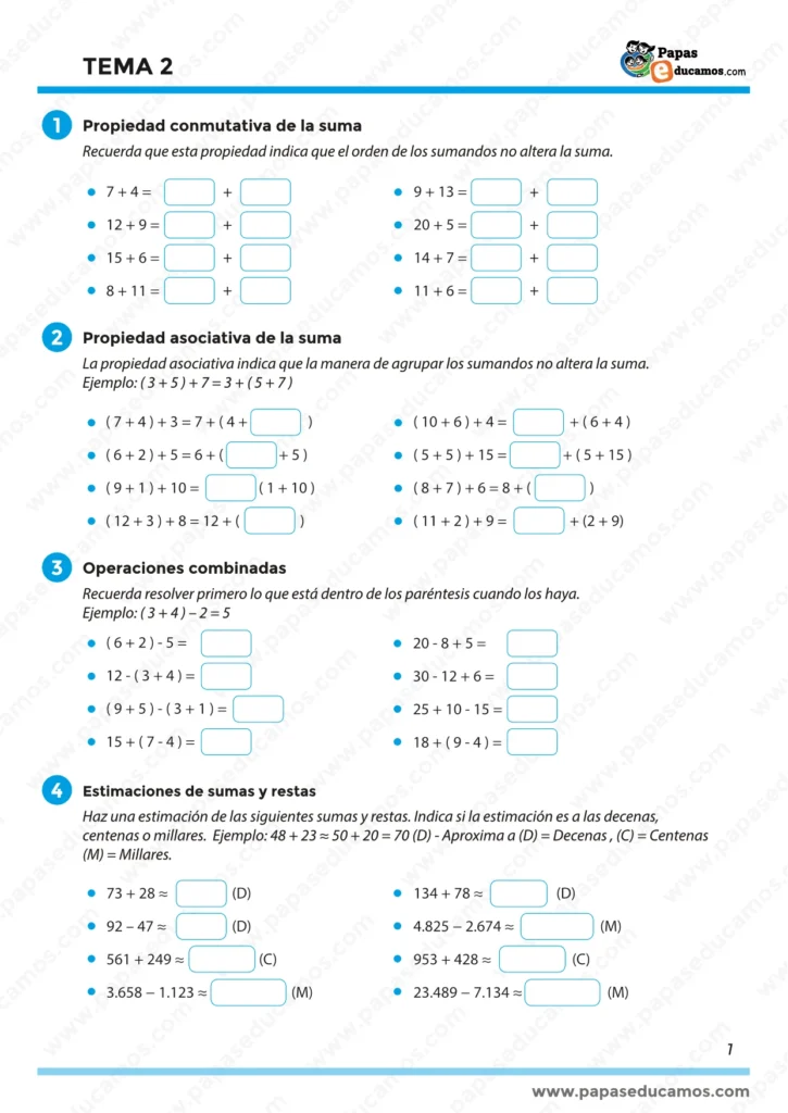 "Ejercicios de matemáticas cuarto de primaria: propiedad conmutativa y asociativa de la suma, operaciones combinadas y estimaciones."