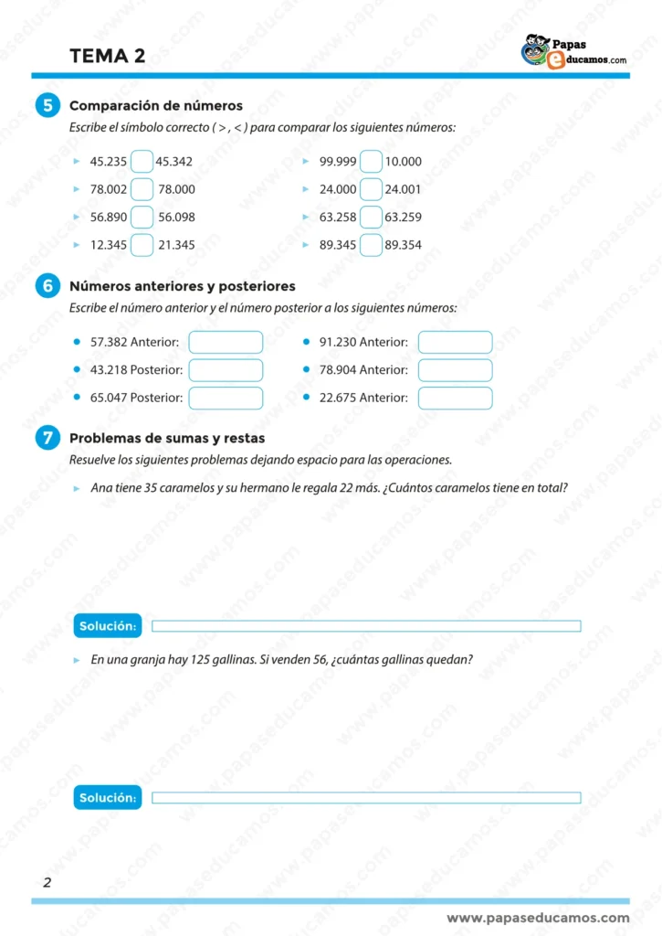 "Fichas de matemáticas cuarto de primaria: comparación de números, anteriores y posteriores, y problemas de sumas y restas."