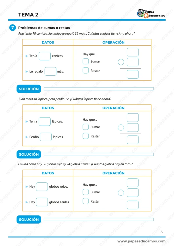 Problemas matemáticos que combinan sumas y restas con apoyo visual para clasificar los datos y decidir la operación adecuada. Las situaciones se contextualizan en ejemplos familiares como canicas, lápices y globos. Ideal para desarrollar el razonamiento lógico y la autonomía del estudiante.