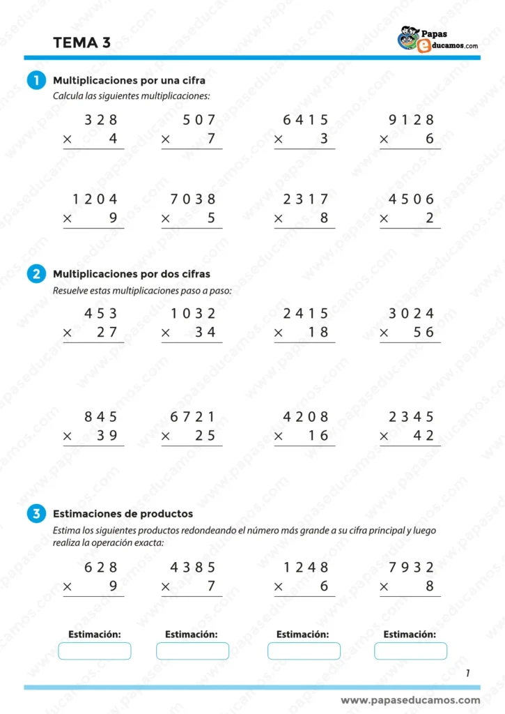 "Ejercicios de matemáticas cuarto de primaria: multiplicaciones por una y dos cifras, y estimaciones de productos."
