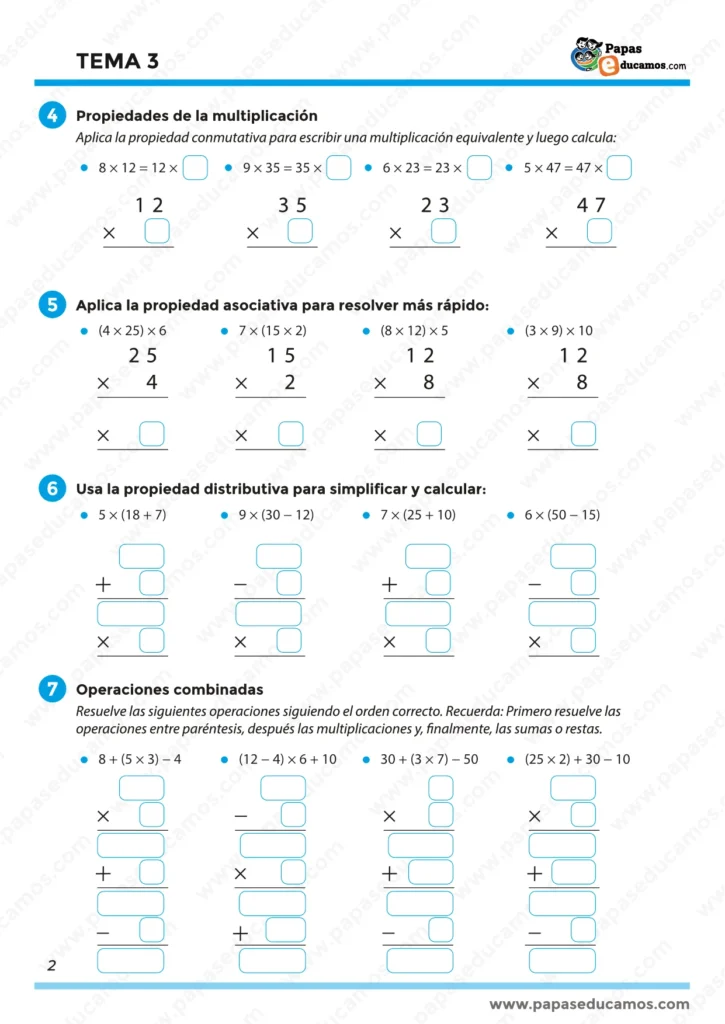 "Fichas de matemáticas cuarto de primaria: propiedades de la multiplicación y operaciones combinadas."