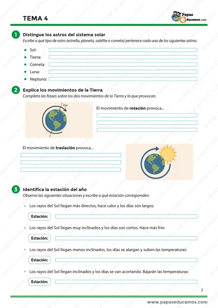 "Ficha educativa con actividades sobre los astros del sistema solar, los movimientos de la Tierra (rotación y traslación) y las estaciones del año para cuarto de primaria."