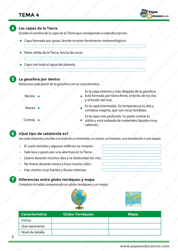 "Ejercicios de Conocimiento del Medio sobre las capas de la Tierra, la geosfera, identificación de catástrofes naturales y diferencias entre globo terráqueo y mapa."