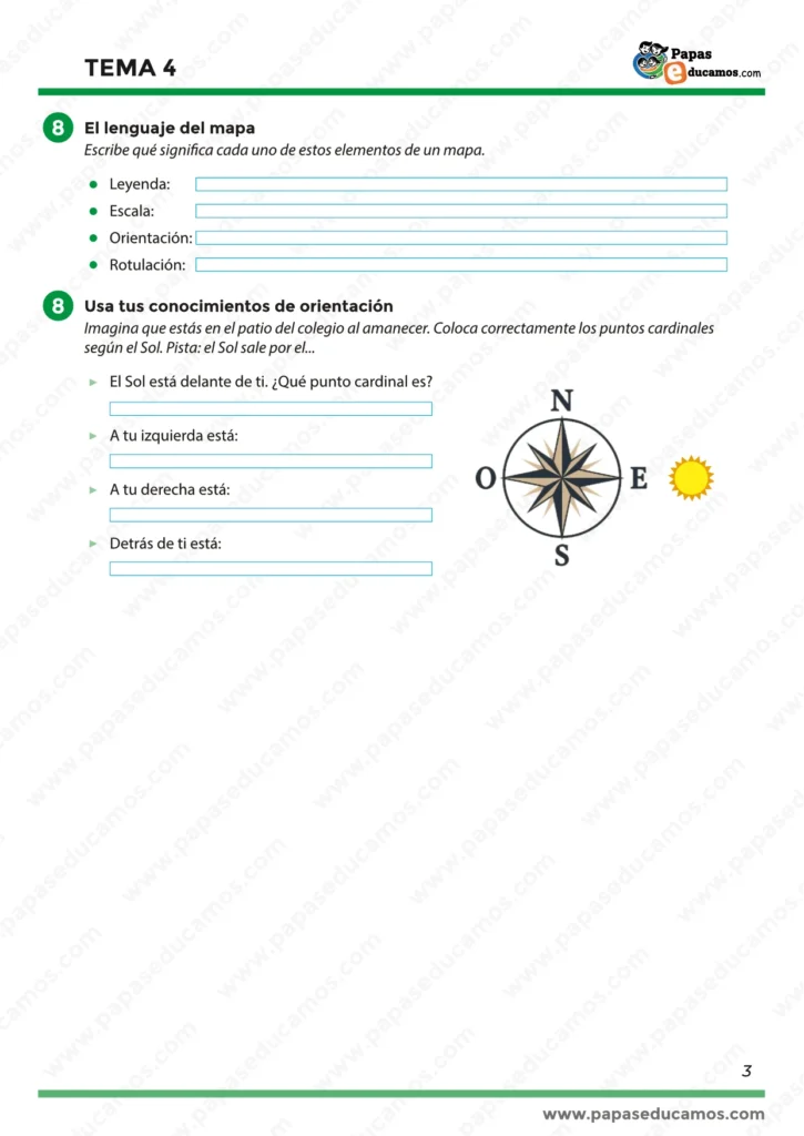 "Actividades de Conocimiento del Medio para trabajar el lenguaje de los mapas (leyenda, escala, orientación, rotulación) y ejercicios de orientación con puntos cardinales."