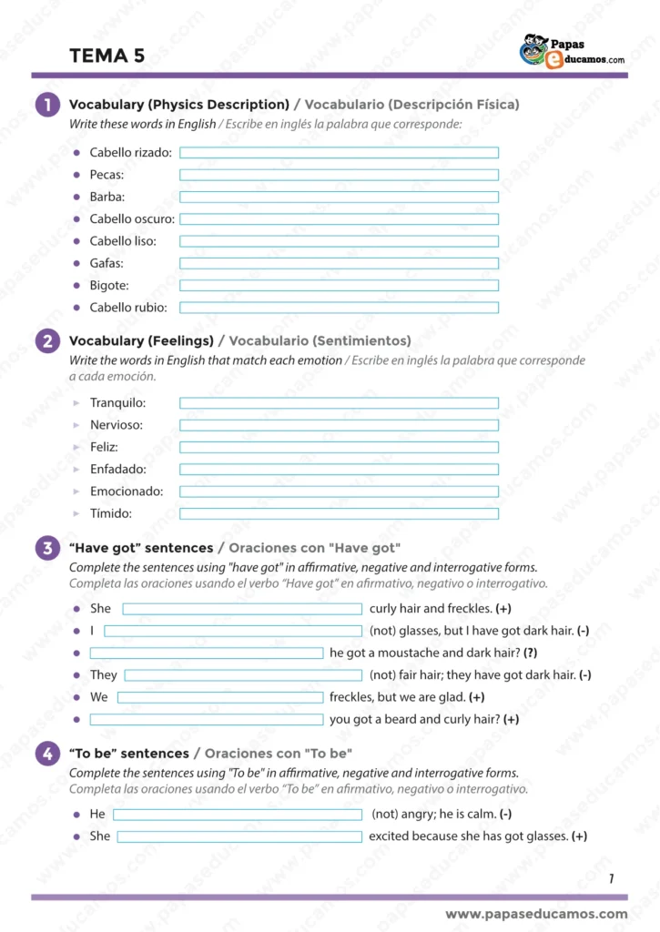 "Ejercicios de inglés con vocabulario de descripción física (curly hair, freckles, beard, glasses, straight hair), sentimientos (happy, nervous, shy, excited) y práctica de oraciones con 'have got' y 'to be' en afirmativo, negativo e interrogativo."