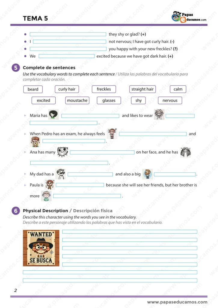 "Ficha de inglés para cuarto de primaria con actividades de completar oraciones con vocabulario de apariencia física y emociones, y ejercicio de descripción física de un personaje estilo 'Wanted'."