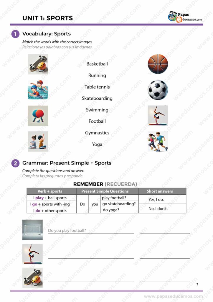 "Ejercicios de inglés sobre vocabulario de deportes con imágenes para asociar (basketball, football, swimming, table tennis, running, skateboarding, gymnastics, yoga), y práctica de preguntas en presente simple como 'Do you play football?'."