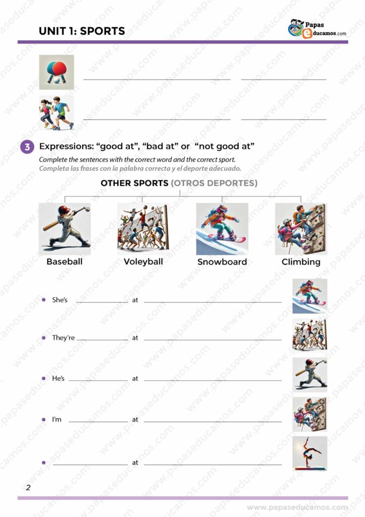 "Ficha de inglés con expresiones sobre habilidades deportivas usando 'good at', 'bad at' y 'not good at', aplicada a deportes como baseball, volleyball, snowboarding y climbing."