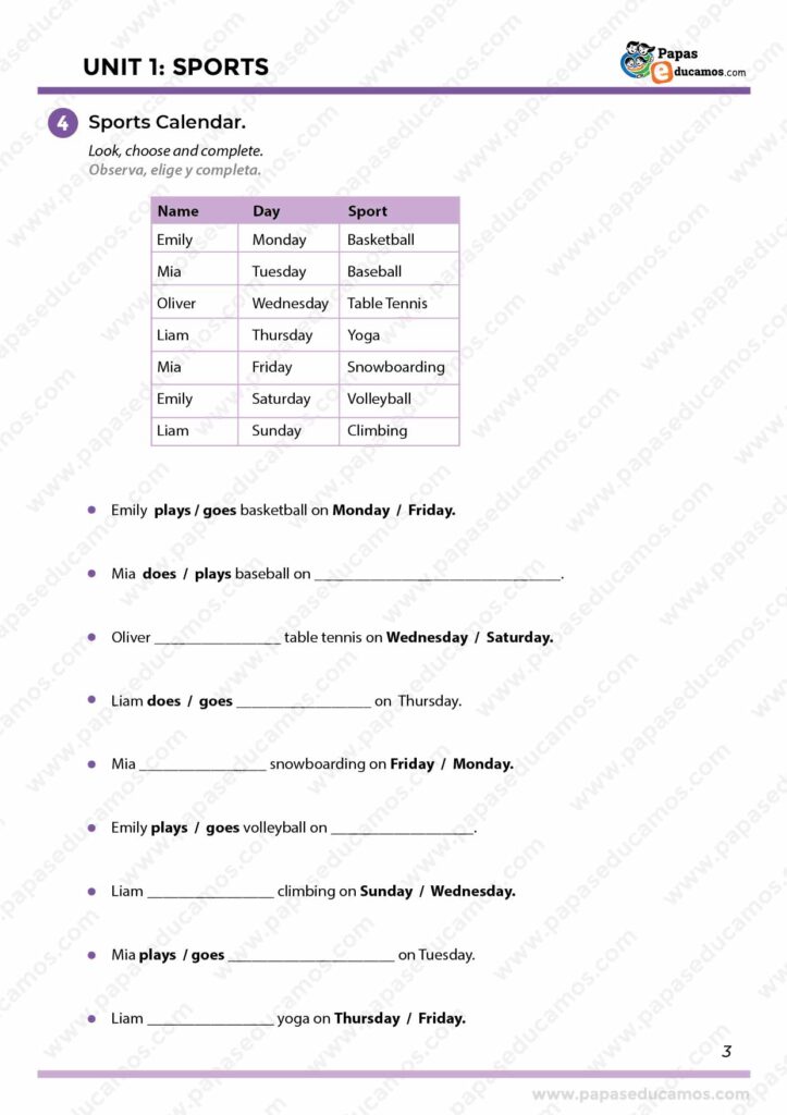 "Ejercicios de inglés con un calendario de deportes para completar oraciones indicando el día de la semana y el deporte que practica cada persona, como 'Emily plays basketball on Monday'."