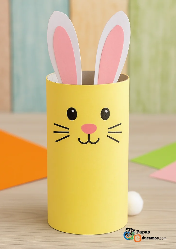 Conejito de Pascua hecho con plantilla imprimible, manualidad fácil de Semana Santa para niños con orejas rosas y cuerpo amarillo.