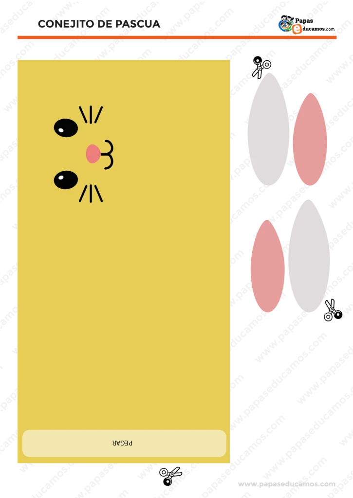 Plantilla imprimible de manualidad de Semana Santa para niños, conejo de Pascua con orejas recortables y cuerpo amarillo listo para armar.