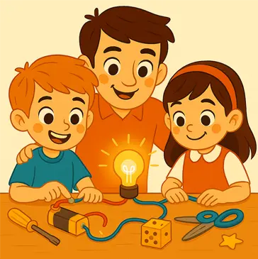 “Ilustración infantil de un padre con sus dos hijos construyendo un circuito eléctrico sencillo en la mesa, logrando encender una bombilla.”