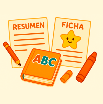 “Ilustración infantil con un cuaderno de ABC, un lápiz, ceras de colores y dos hojas tituladas Resumen y Ficha, representando materiales educativos de Infantil.”