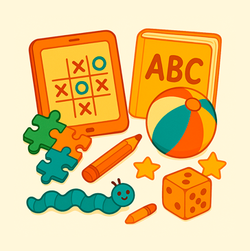 “Ilustración infantil con materiales de juego y aprendizaje como un libro de ABC, un puzzle, una pelota, un dado, un tablero de tres en raya y lápices de colores.”
