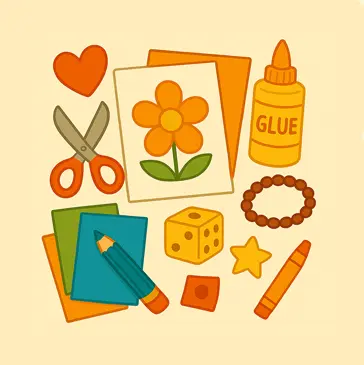 “Ilustración infantil con materiales de manualidades como tijeras, pegamento, hojas de colores, lápices y recortes en forma de flor, corazón y estrella.”