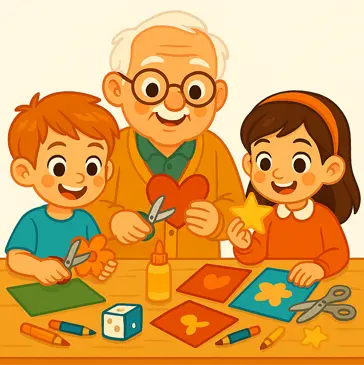 “Ilustración infantil de un abuelo recortando figuras de papel junto a sus nietos en una mesa con tijeras, pegamento y materiales de manualidades.”