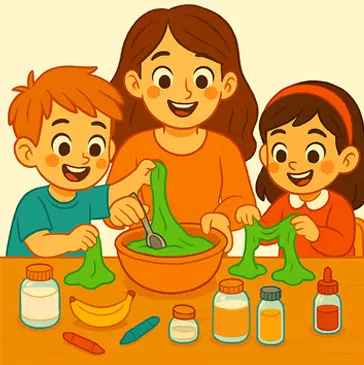 “Ilustración infantil de una madre con sus dos hijos preparando slime verde en la mesa con ingredientes como pegamento, bicarbonato y colorantes.”