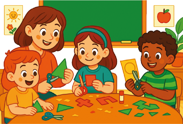 "Niños de educación infantil recortando figuras de colores junto a su profesora en clase, actividad creativa y educativa con tijeras y papeles de colores."